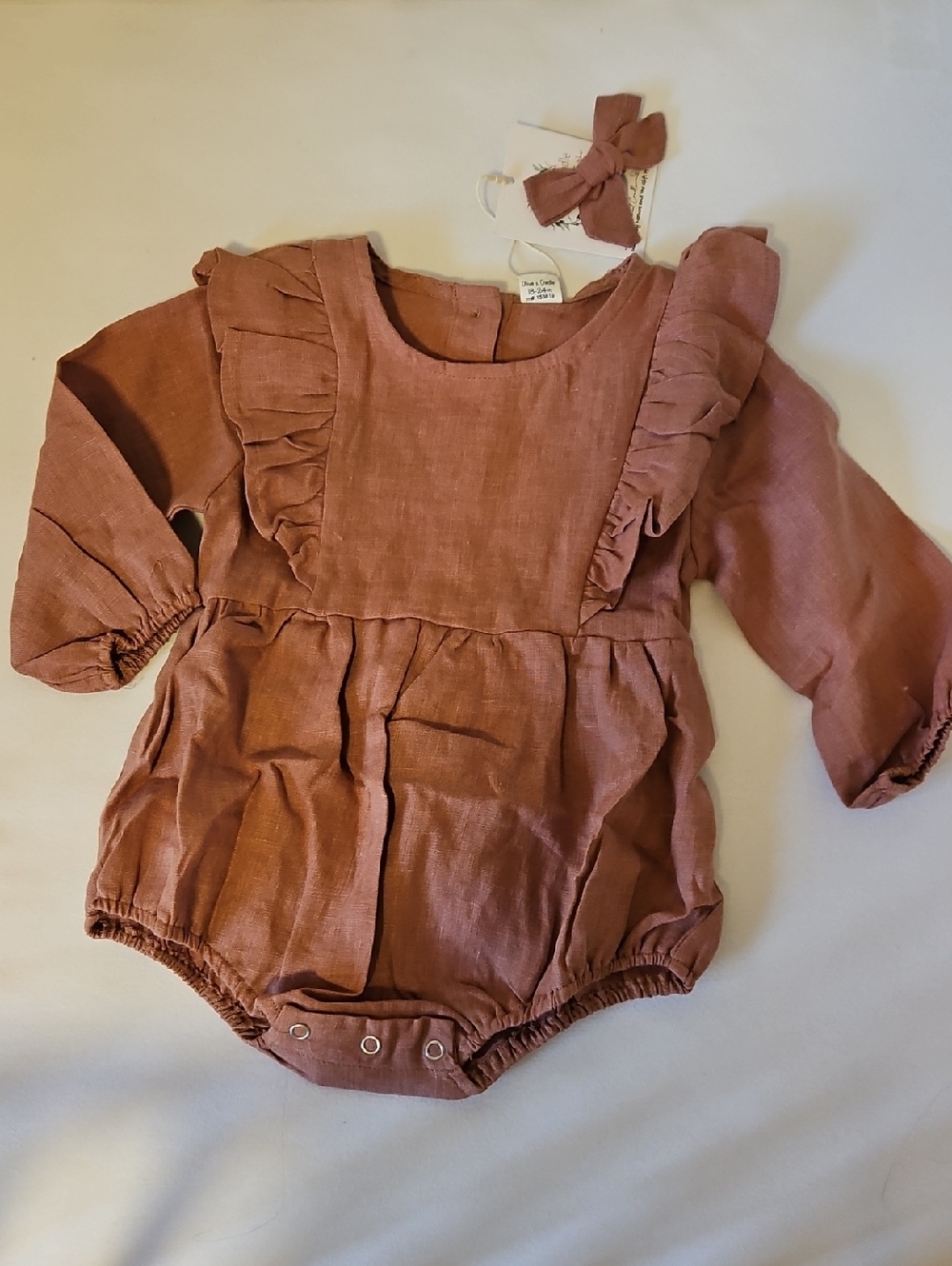 Olive & Cradle Gabriella Ruffle Baby Romper with Hair Bow - Victorian Pink